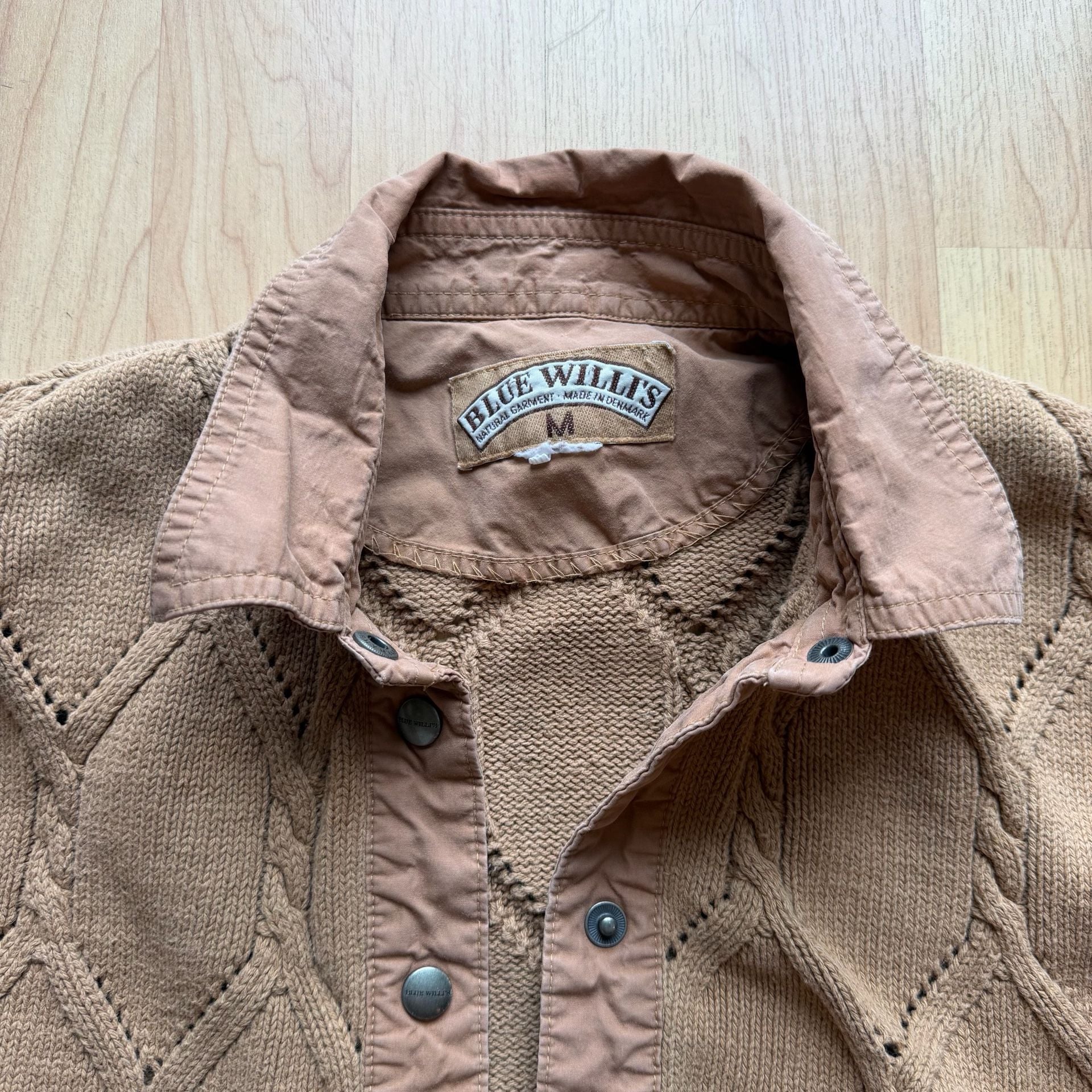 Vintage Blue Willi's Natural Garment Cable Knit Button Up Cardigan Sweater Jacket Tan Medium 3