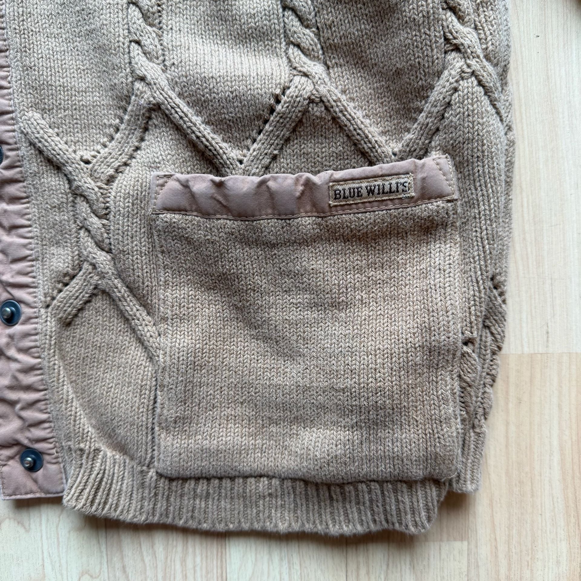 Vintage Blue Willi's Natural Garment Cable Knit Button Up Cardigan Sweater Jacket Tan Medium 5