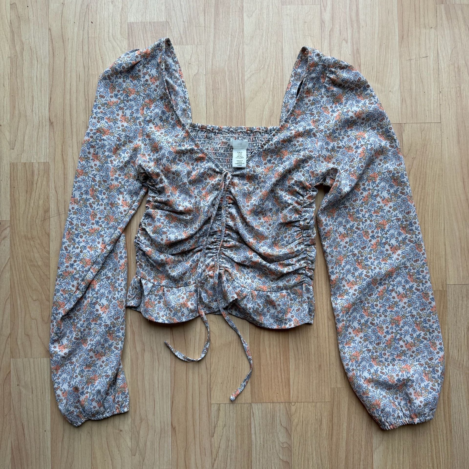 H&M Floral Long Sleeve Shirred Blouse Top Square Neck Boho 2