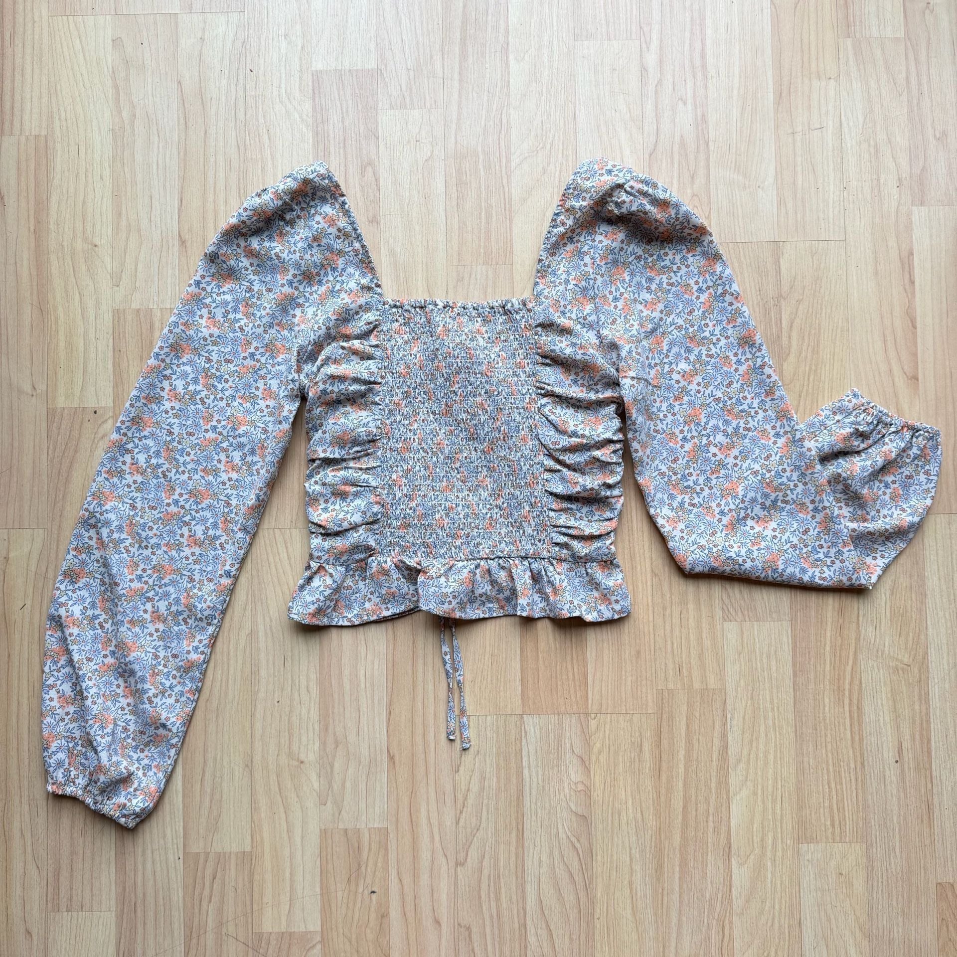 H&M Floral Long Sleeve Shirred Blouse Top Square Neck Boho 3