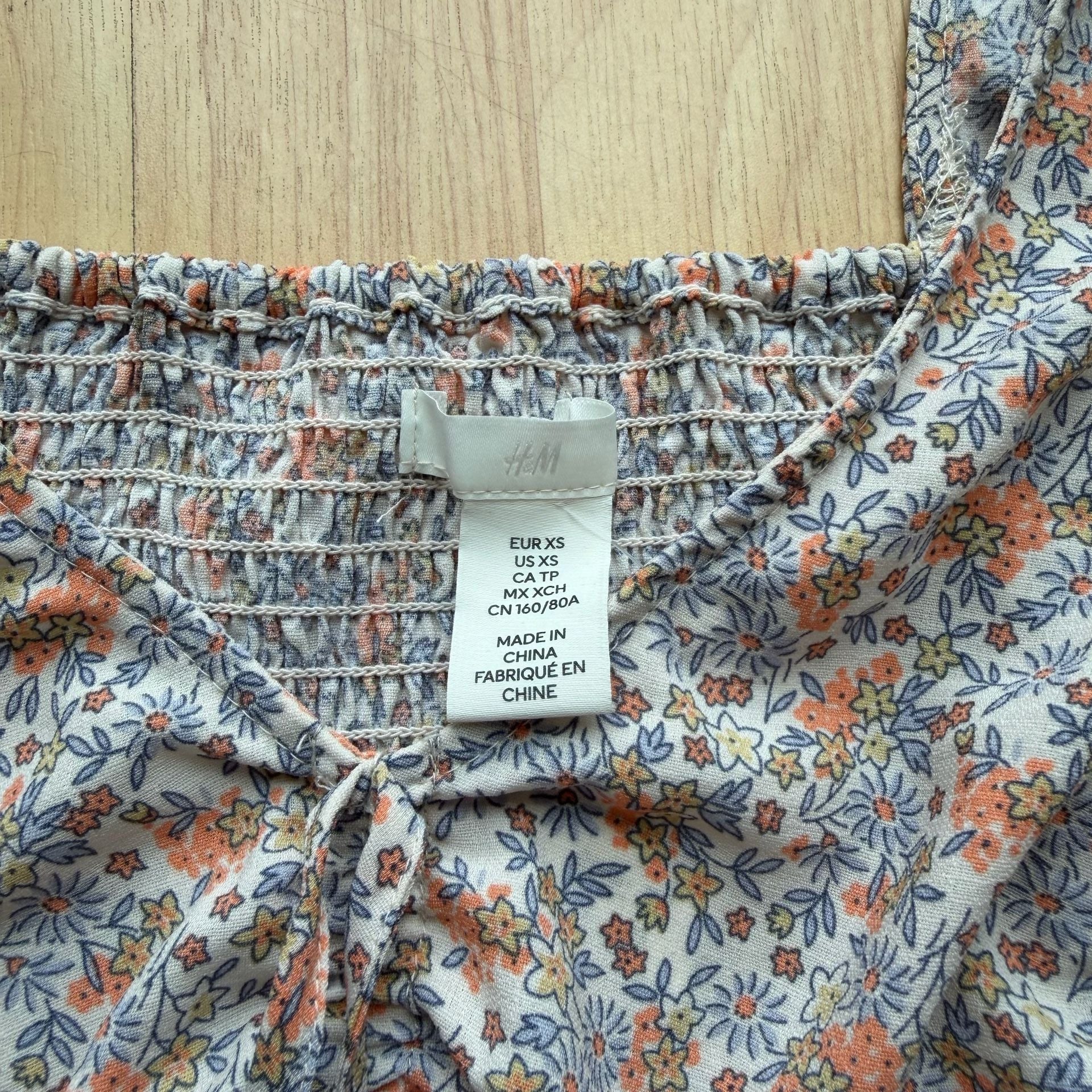 H&M Floral Long Sleeve Shirred Blouse Top Square Neck Boho 5