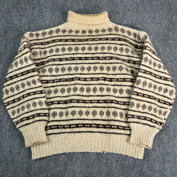Vintage Fair Isle Turtleneck Sweater Cream Brown Wool Nordic Knit Medium