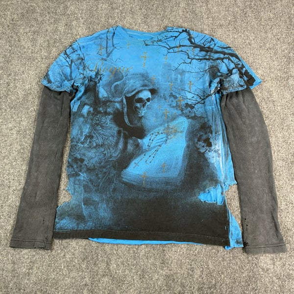 Affliction Double Sided Grim Reaper Waffle Knit Layered Long Sleeve Shirt Blue Size L