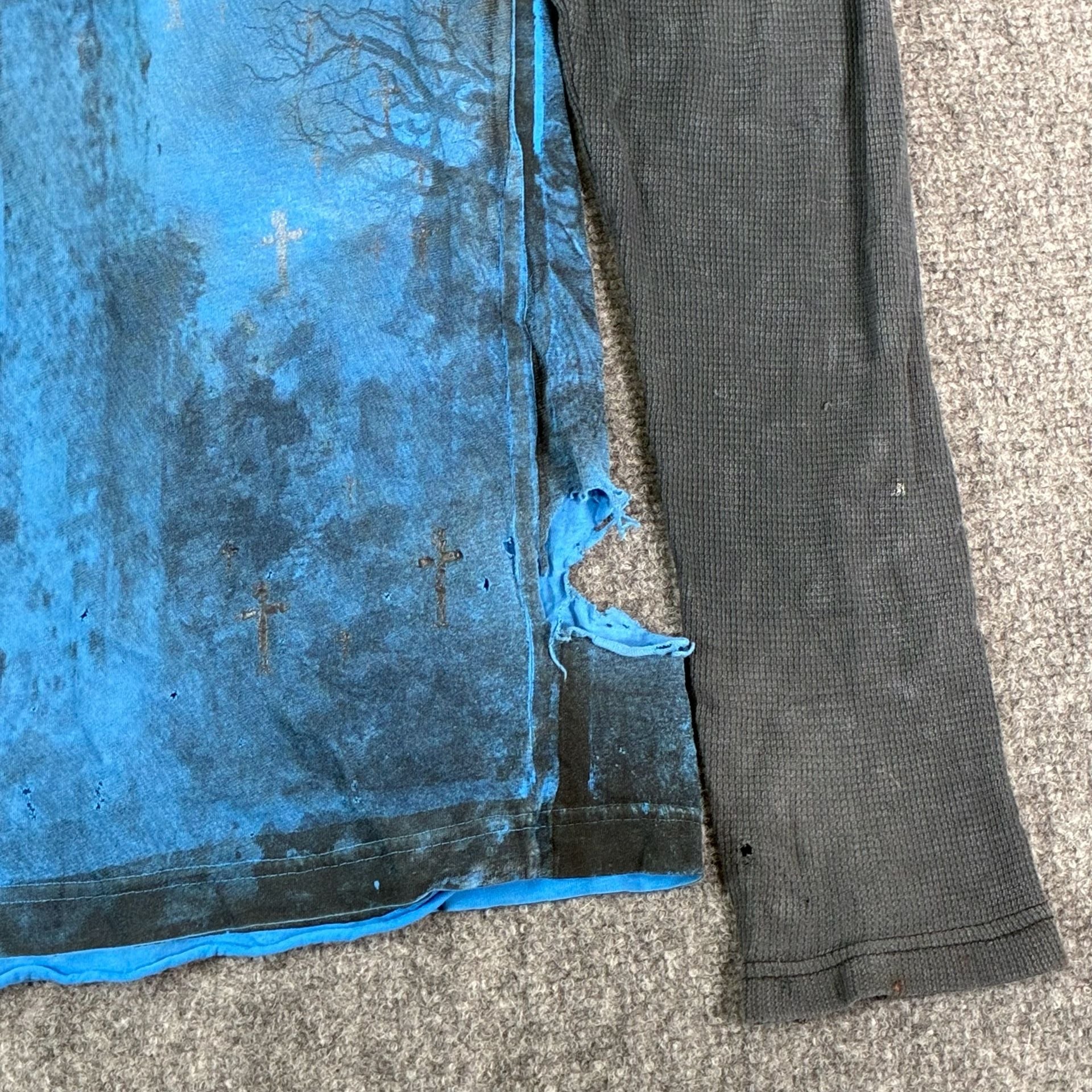 Affliction Double Sided Grim Reaper Waffle Knit Layered Long Sleeve Shirt Blue Size L 9