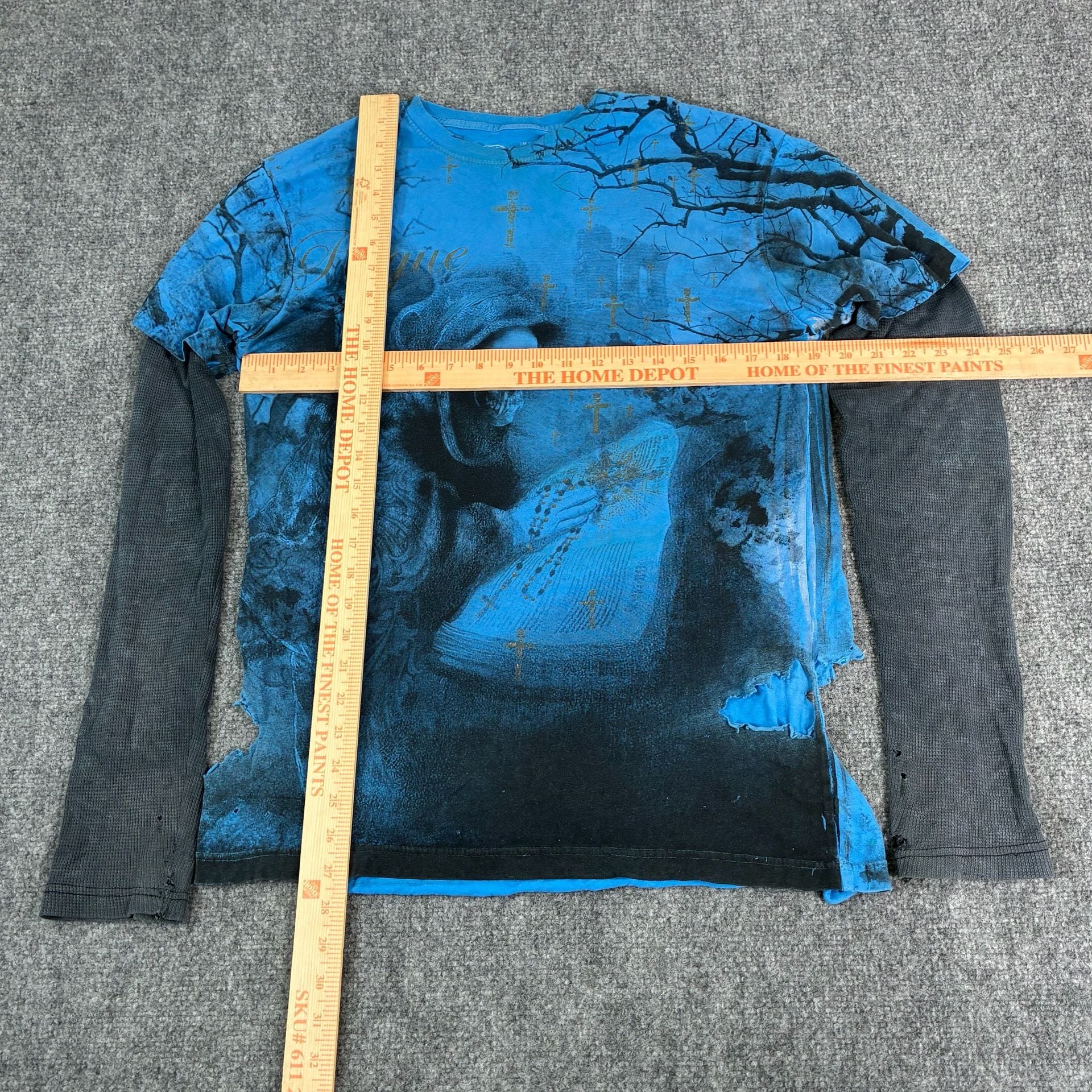 Affliction Double Sided Grim Reaper Waffle Knit Layered Long Sleeve Shirt Blue Size L 10