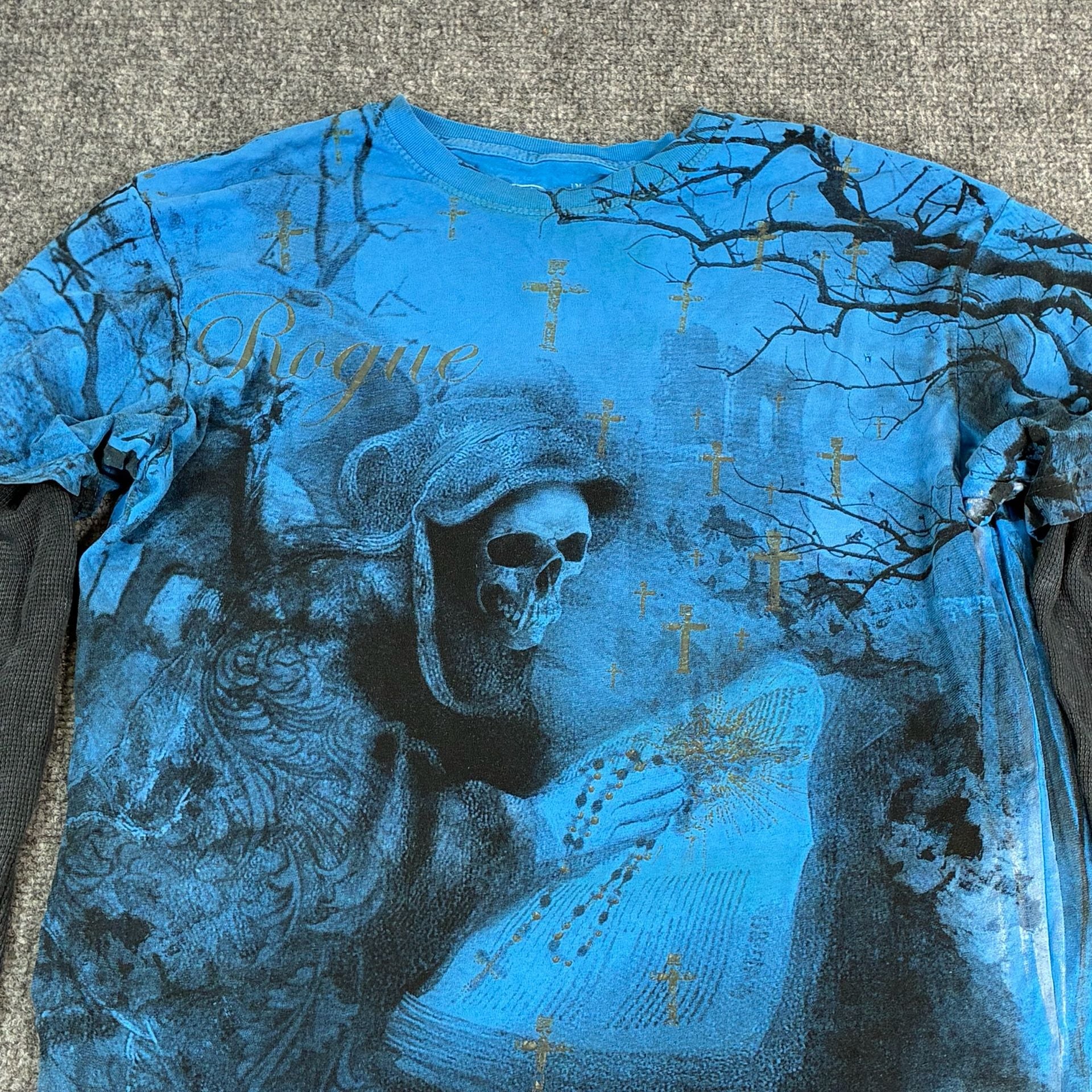 Affliction Double Sided Grim Reaper Waffle Knit Layered Long Sleeve Shirt Blue Size L 11