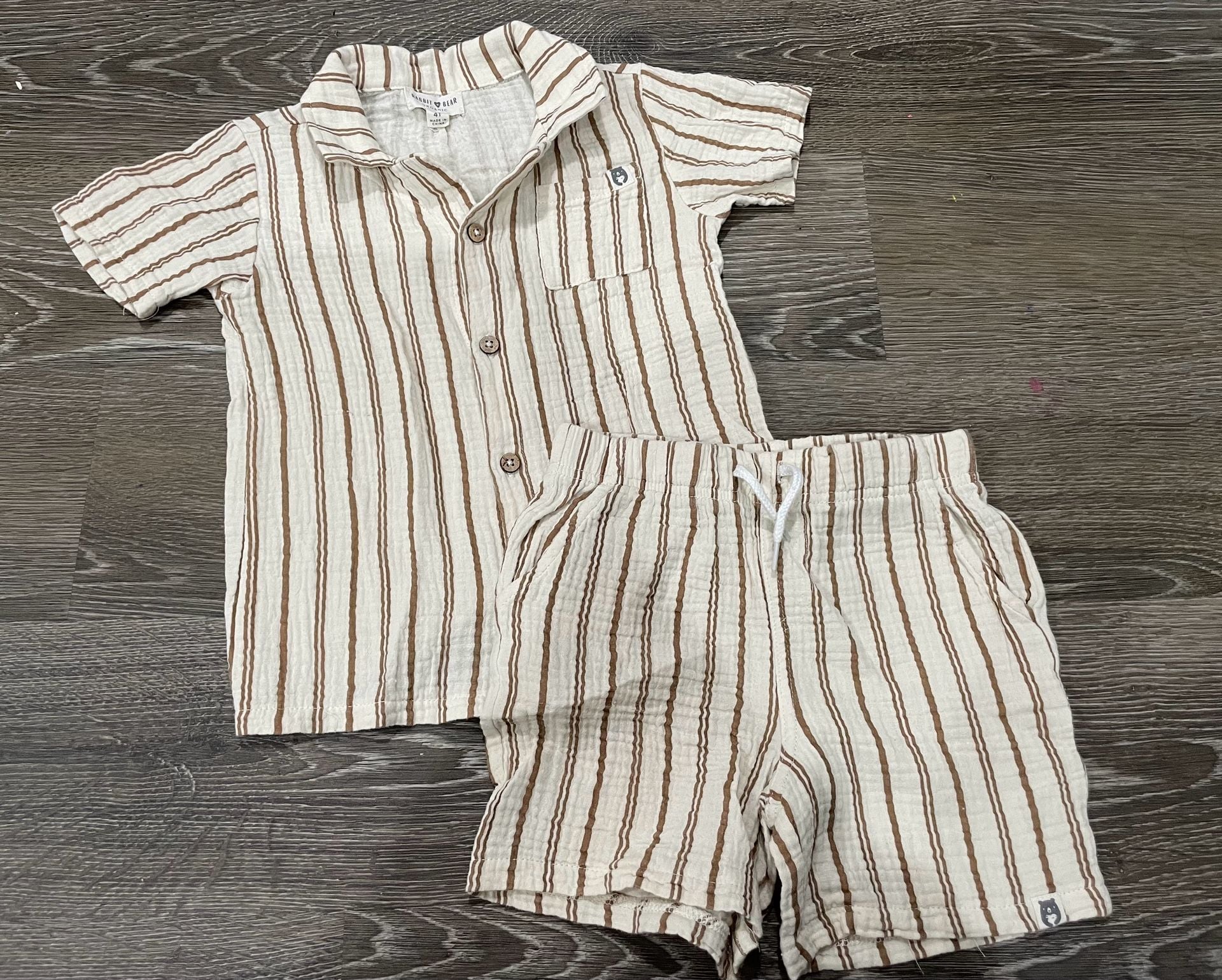 Size 4 Toddler Rabbit & Bear Organic Striped Linen Top & Shorts Set 1