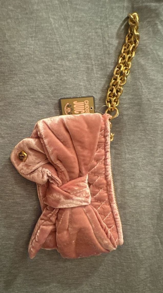 Juicy Couture Pink Bow Velvet Quilted Wristlet Clutch with Gold Hardware 2