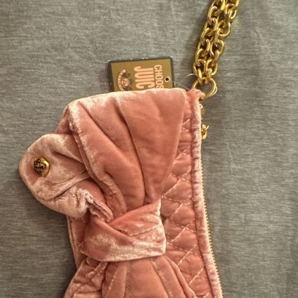 Juicy Couture Pink Bow Velvet Quilted Wristlet Clutch with Gold Hardware