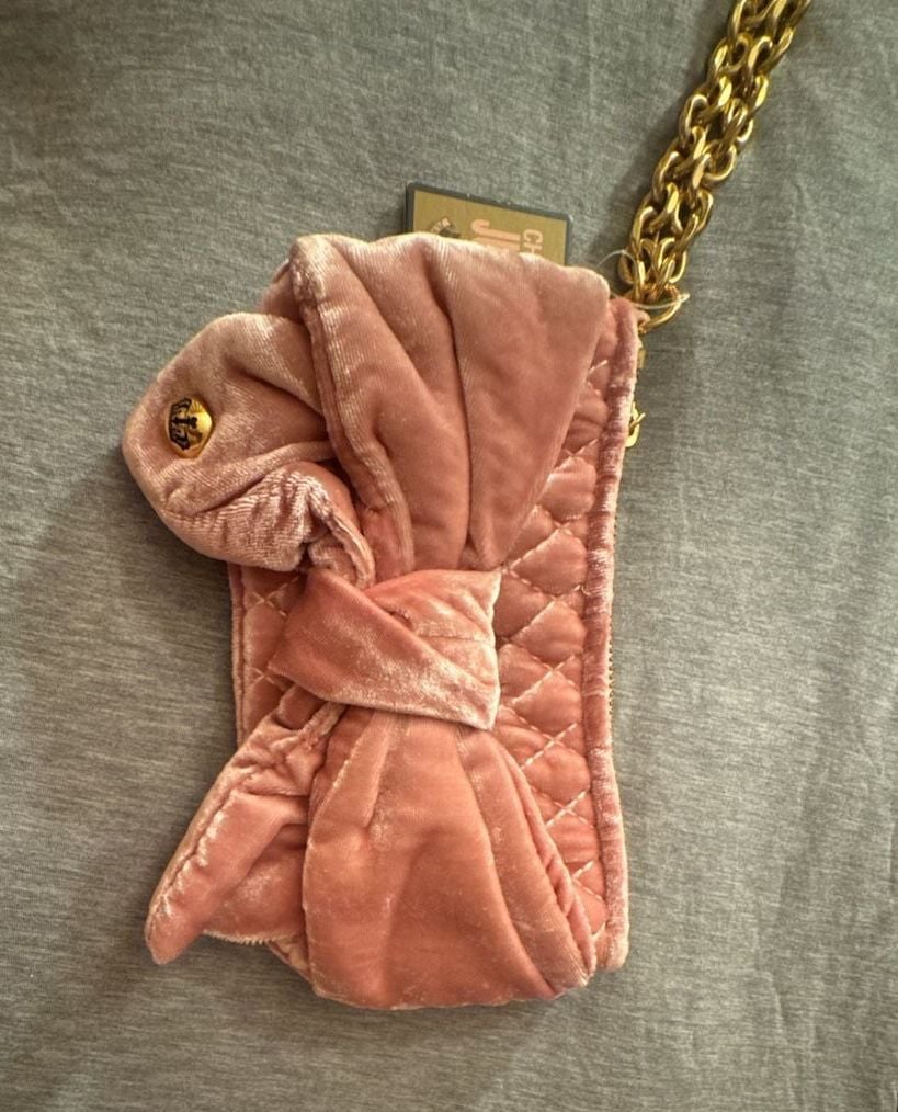 Juicy Couture Pink Bow Velvet Quilted Wristlet Clutch with Gold Hardware 3