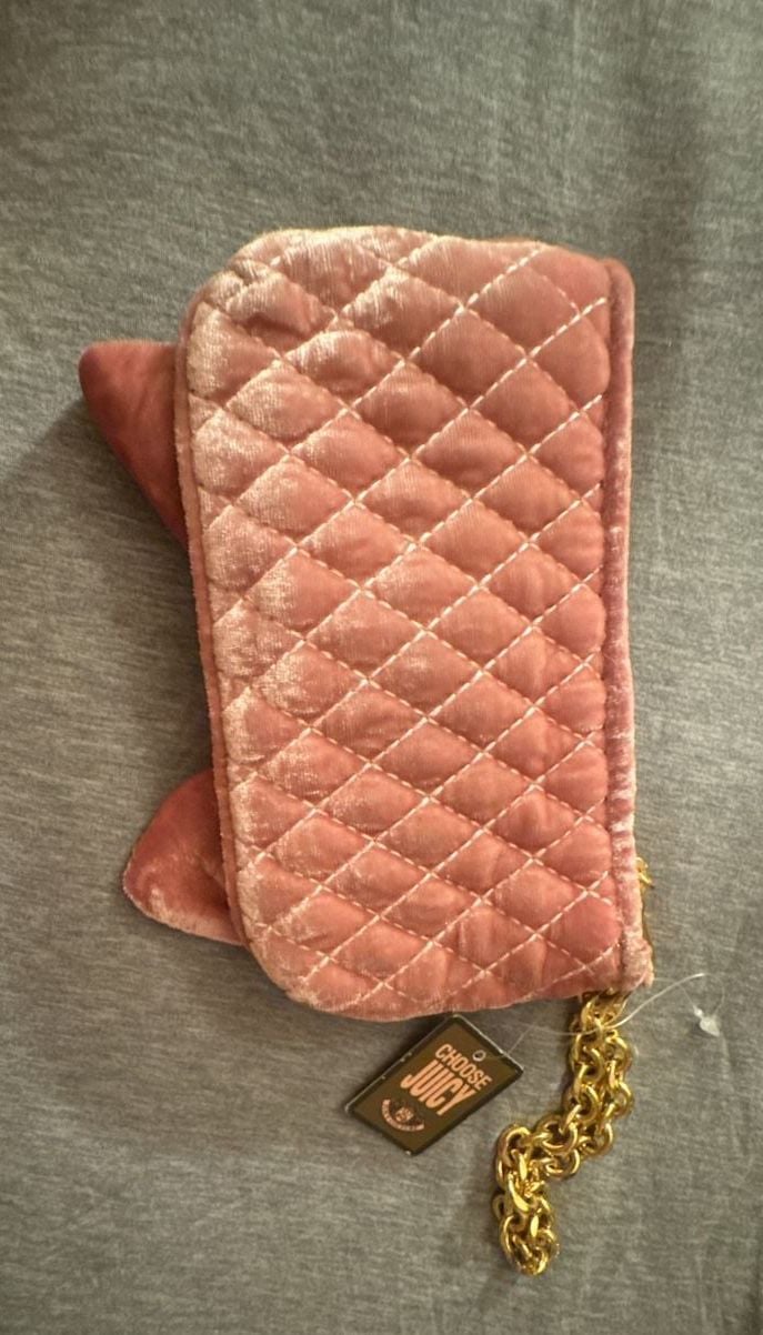 Juicy Couture Pink Bow Velvet Quilted Wristlet Clutch with Gold Hardware 4