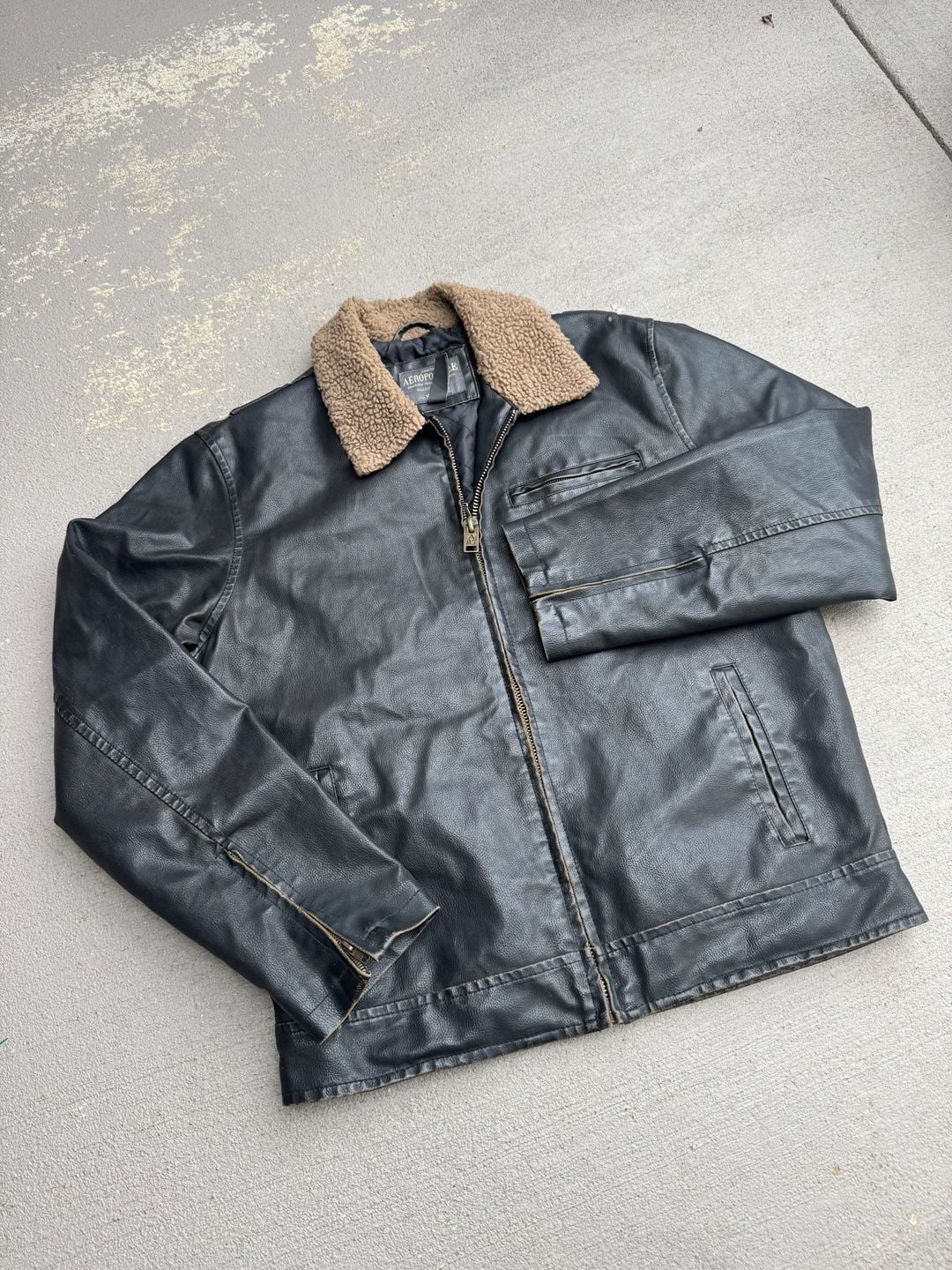 y2k Aeropostale Vintage Faux Leather Sherpa Collar Bomber Jacket Men's Large 3