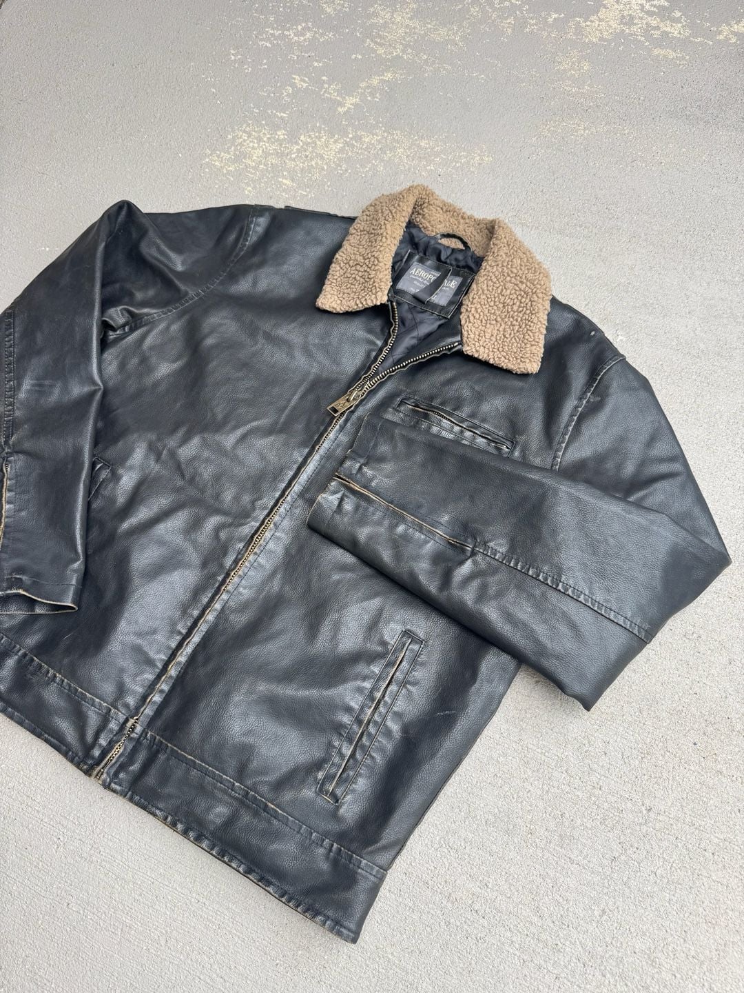 y2k Aeropostale Vintage Faux Leather Sherpa Collar Bomber Jacket Men's Large 4