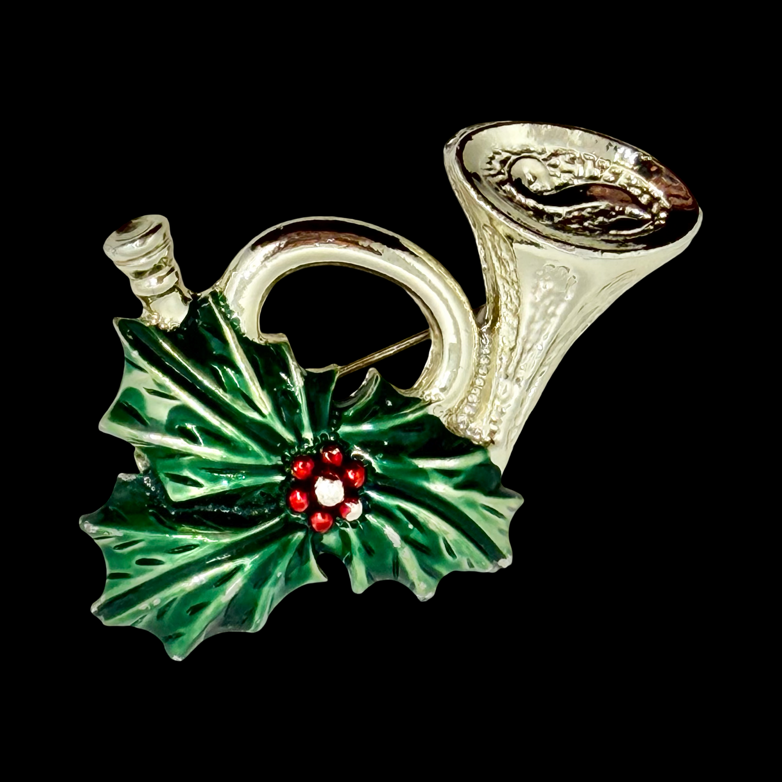 Vintage Gerry's Gold Tone Enamel French Horn Holly Berries Christmas Brooch Pin 2