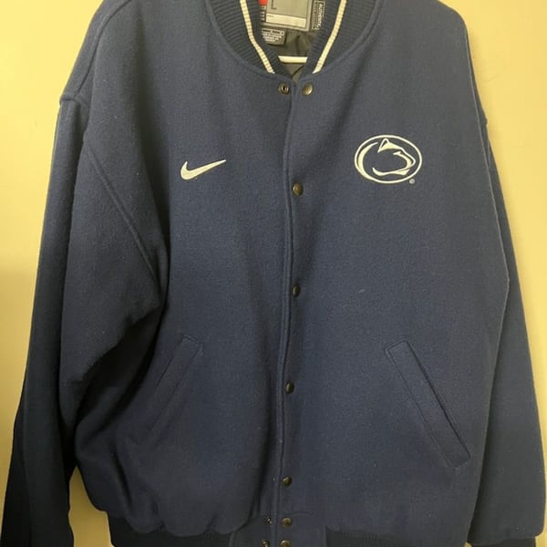 Vintage Nike Penn State Nittany Lions Team Authentic Wool Letterman Varsity Jacket Blue Size Large