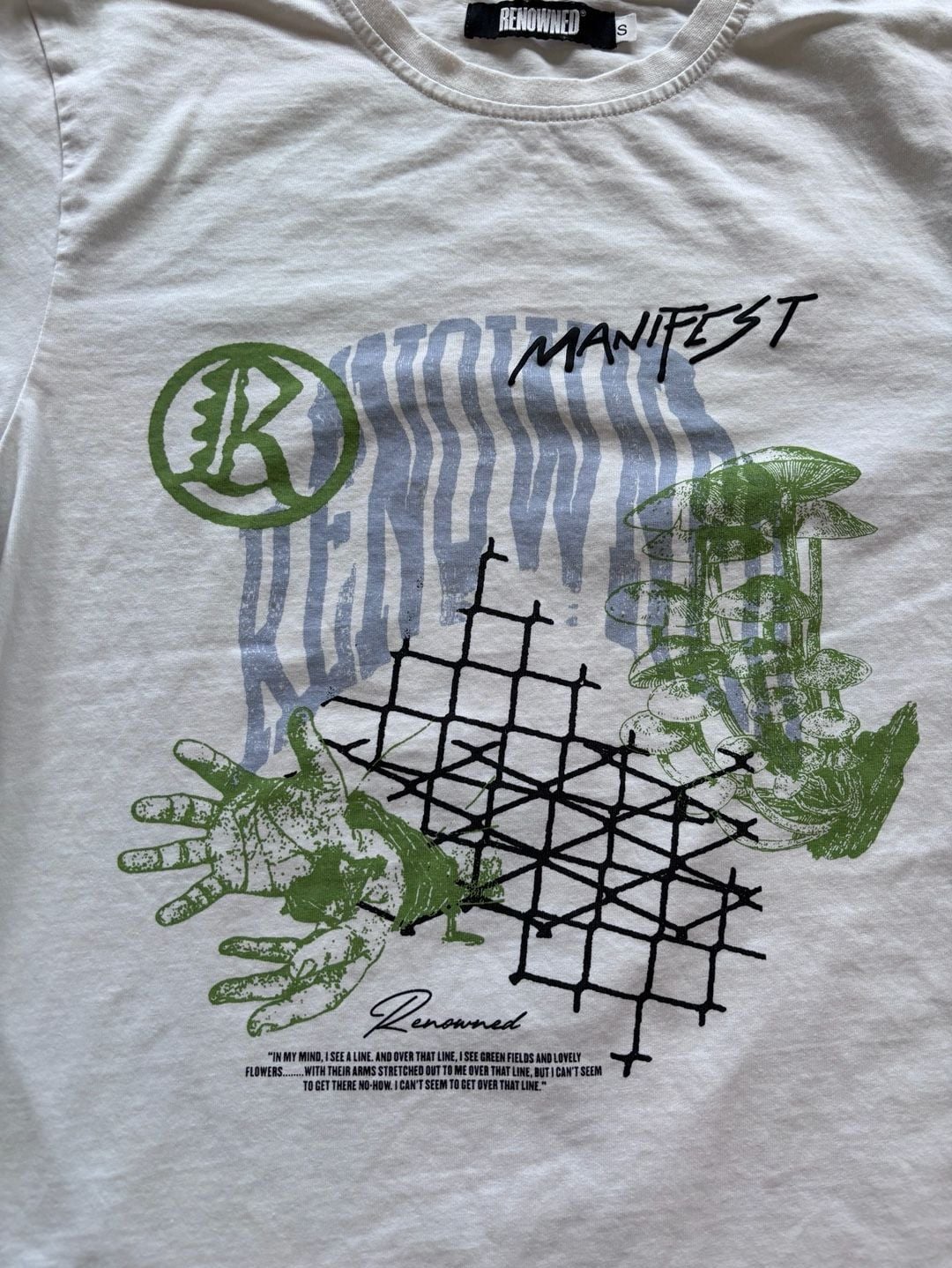 Renowned Manifest White T-Shirt with Graphic Mushrooms and Hands Print 4