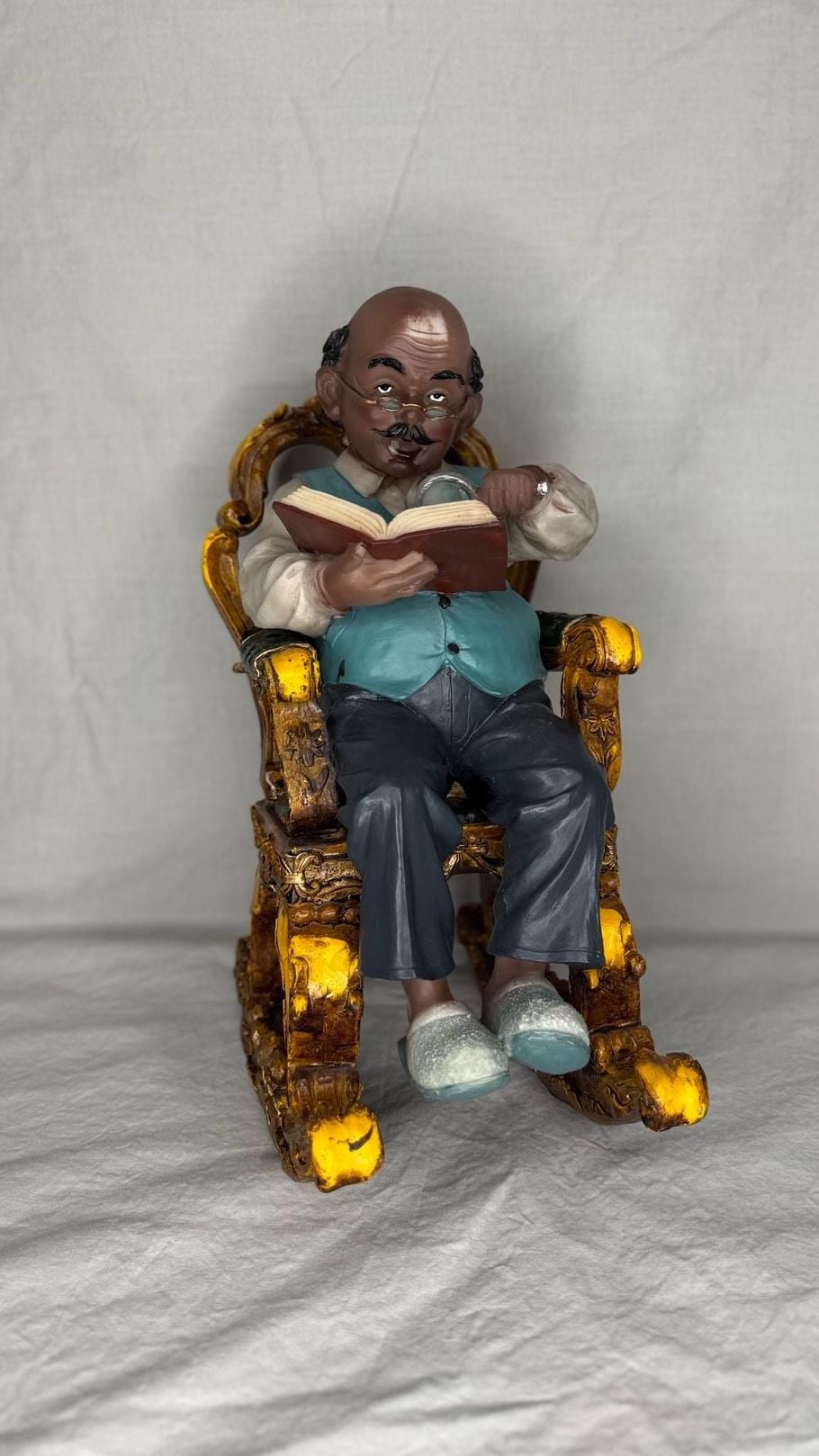 Vintage American Elderly Grandfather Reading a Book in Rocking Chair Figurine 1