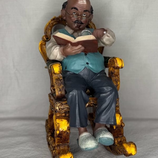 Vintage American Elderly Grandfather Reading a Book in Rocking Chair Figurine