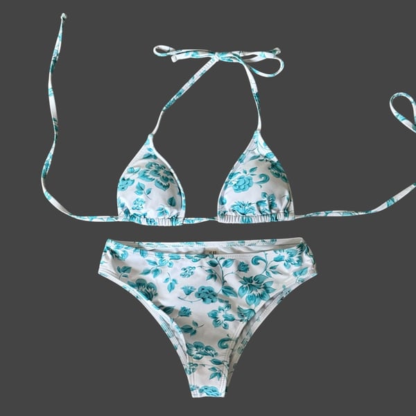 Floral Print Halter Neck Triangle Bikini Set Blue White XS