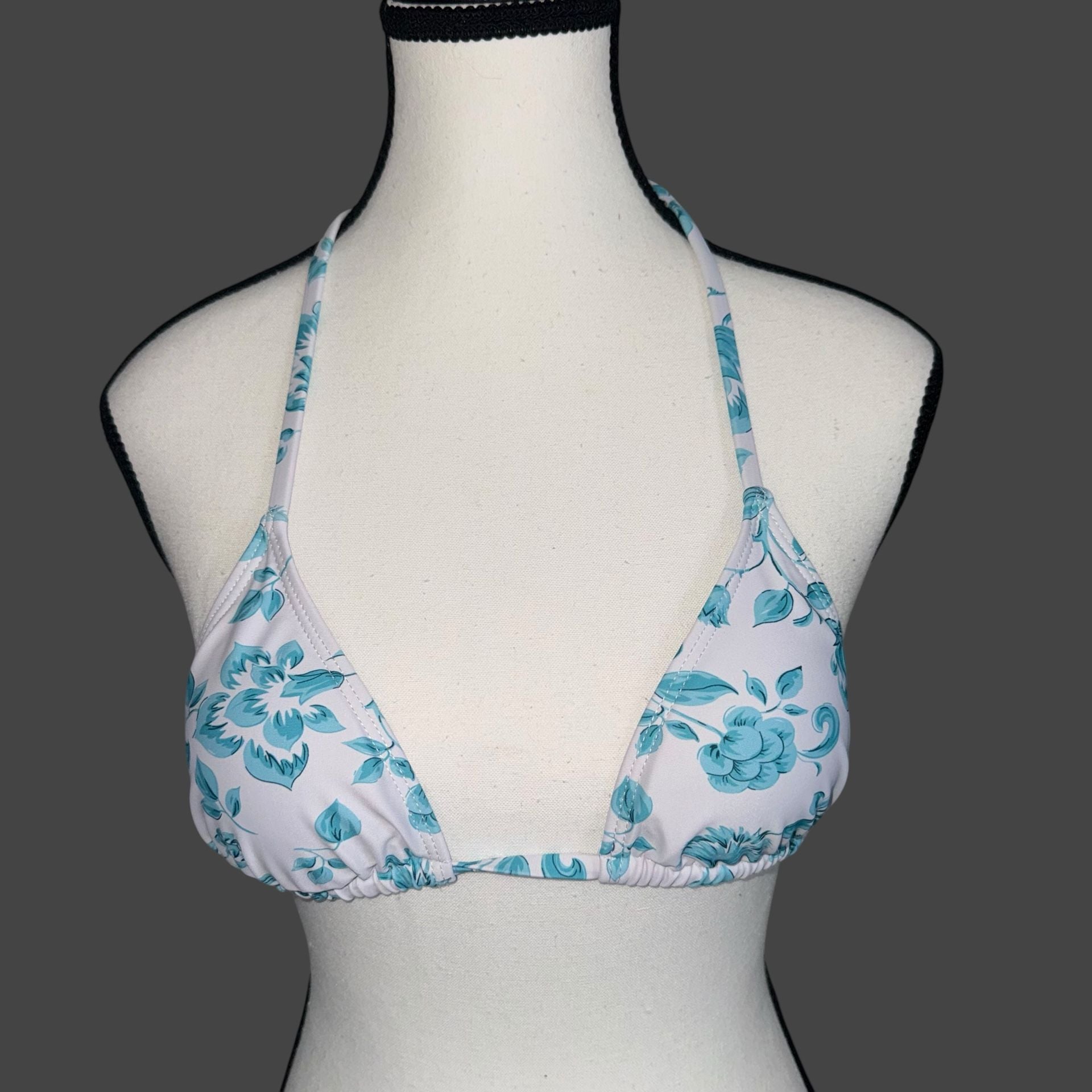 Floral Print Halter Neck Triangle Bikini Set Blue White XS 2