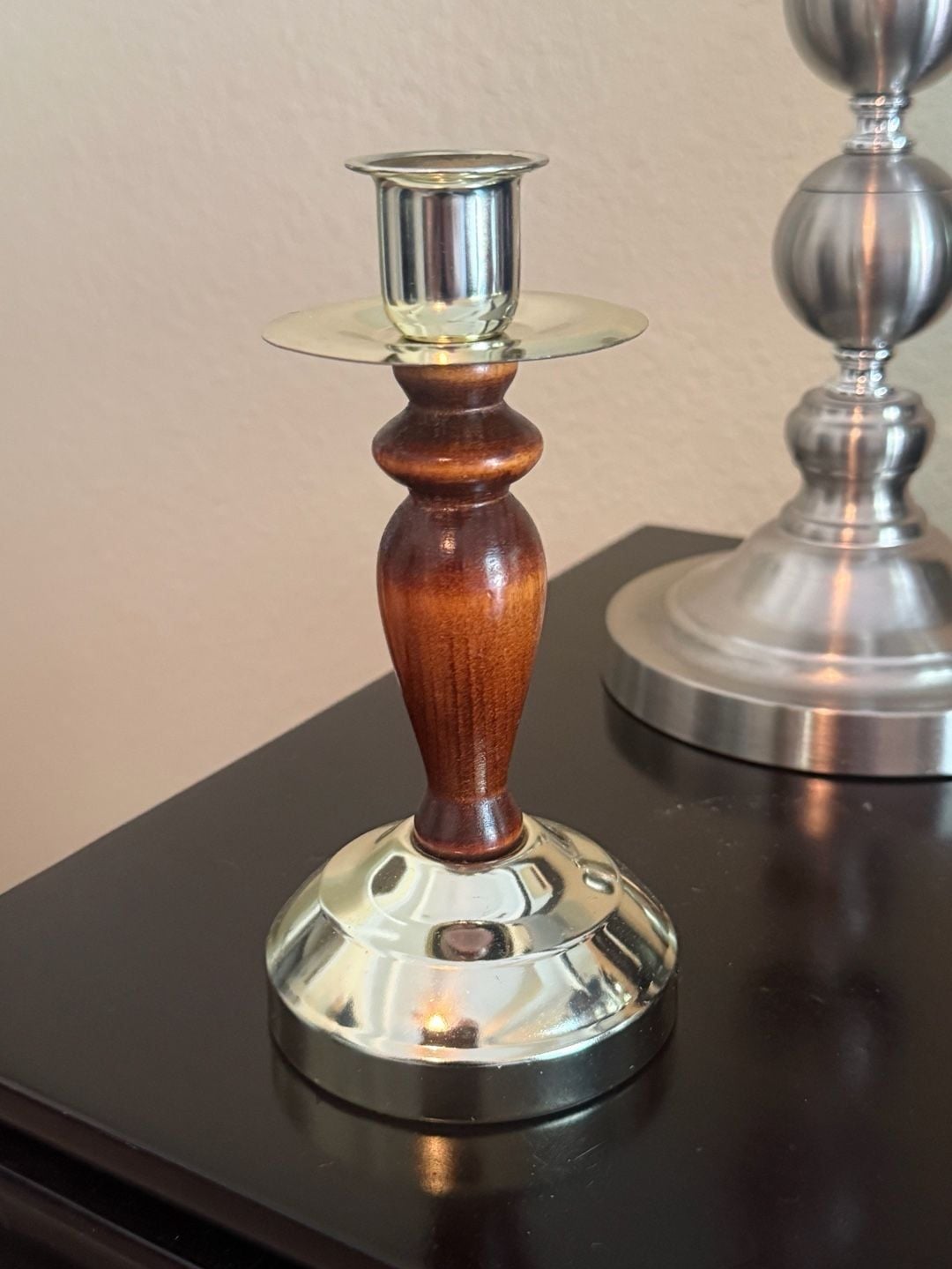 Vintage Brass and Wood Taper Candle Holder 1