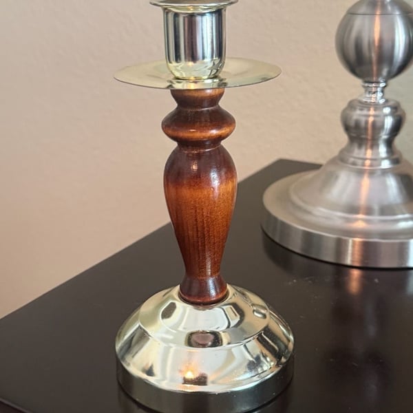 Vintage Brass and Wood Taper Candle Holder