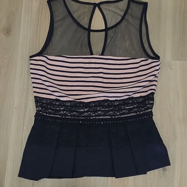 Atos Lombardini Striped and Lace Accented Peplum Top