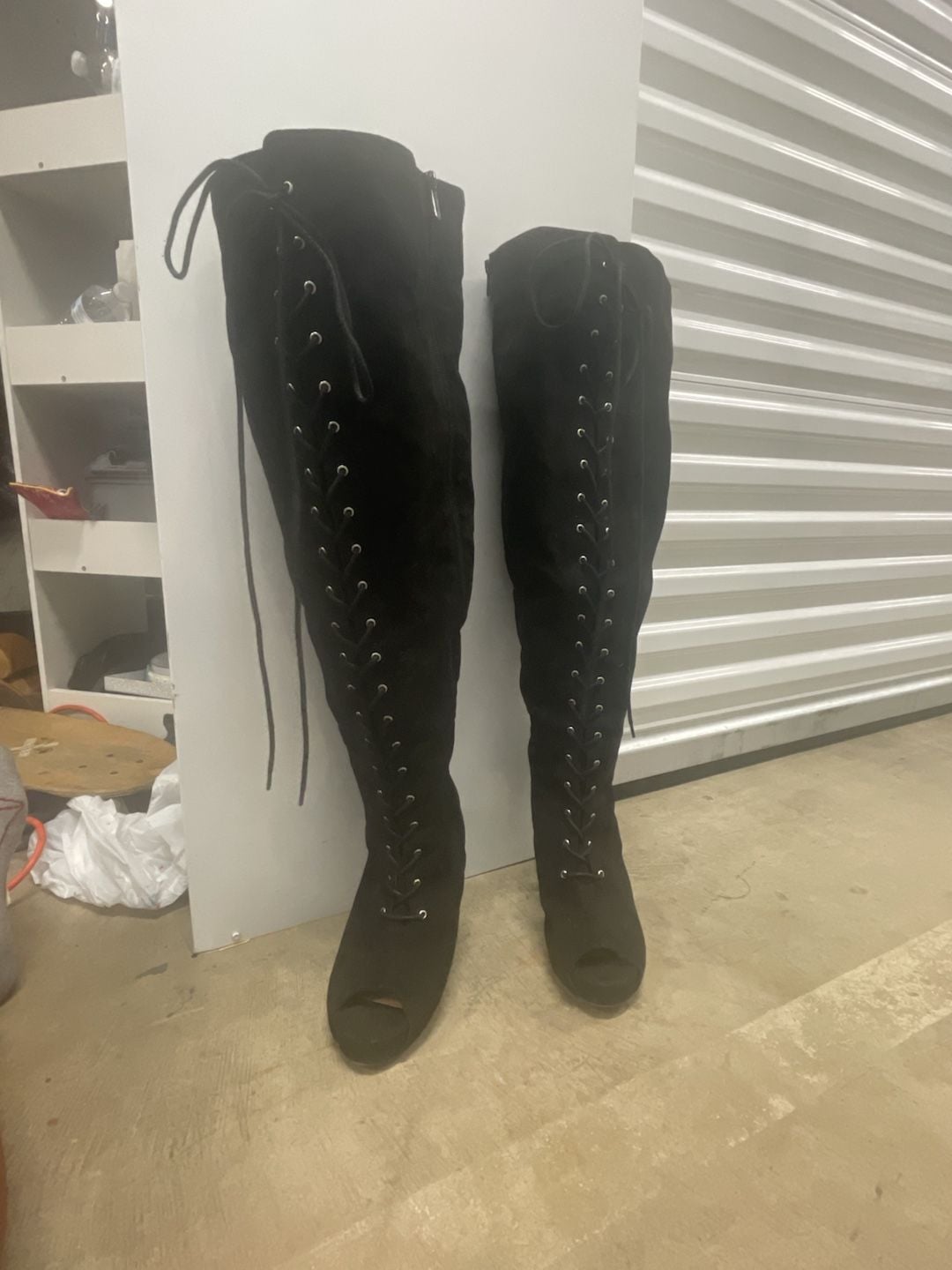 Black Suede Open Toe Lace Up Over The Knee High Heel Boots Size 10.5WW 2