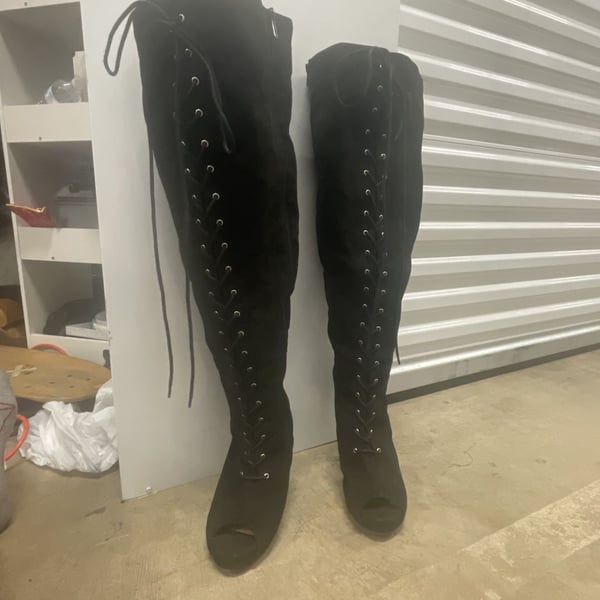Black Suede Open Toe Lace Up Over The Knee High Heel Boots Size 10.5WW