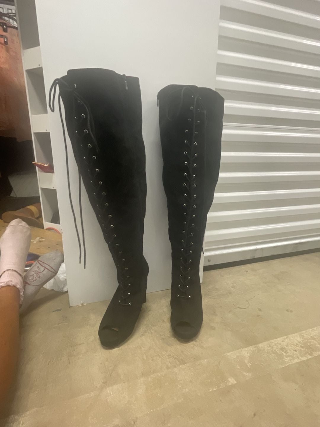 Black Suede Open Toe Lace Up Over The Knee High Heel Boots Size 10.5WW 3