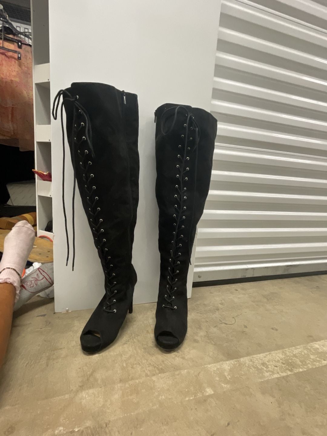 Black Suede Open Toe Lace Up Over The Knee High Heel Boots Size 10.5WW 4