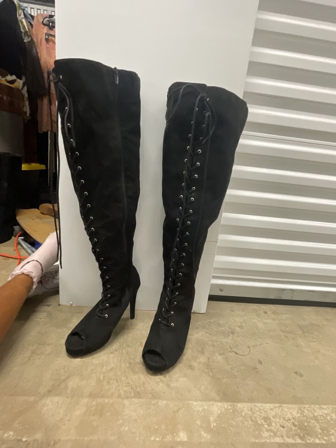Black Suede Open Toe Lace Up Over The Knee High Heel Boots Size 10.5WW 5