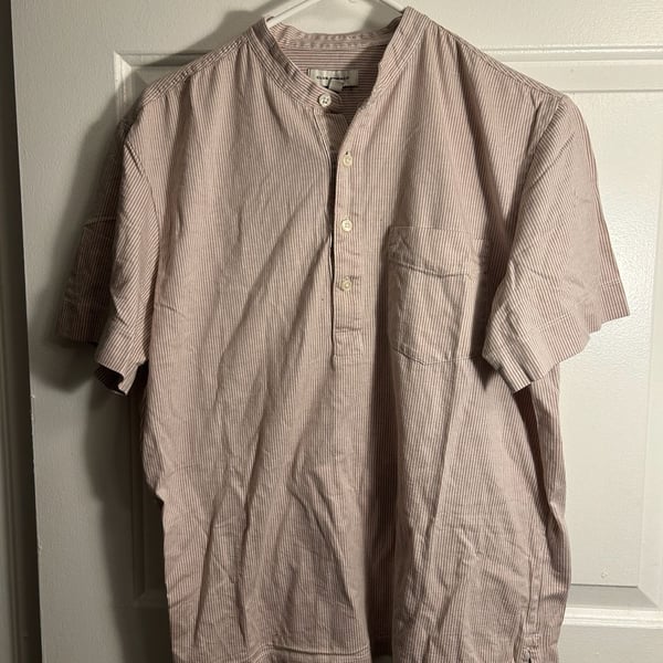 Club Monaco Striped Short Sleeve Grandad Collar Popover Shirt