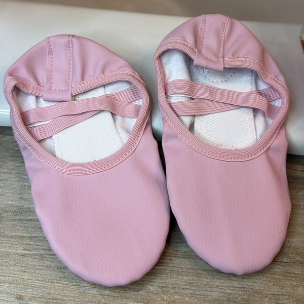 Girls Pink Leather Ballet Shoes Split-Sole Slippers with Elastic Cross Straps