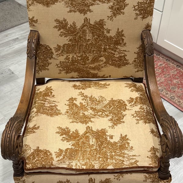Antique French Louis Style Walnut Armchair with Toile Print Upholstery