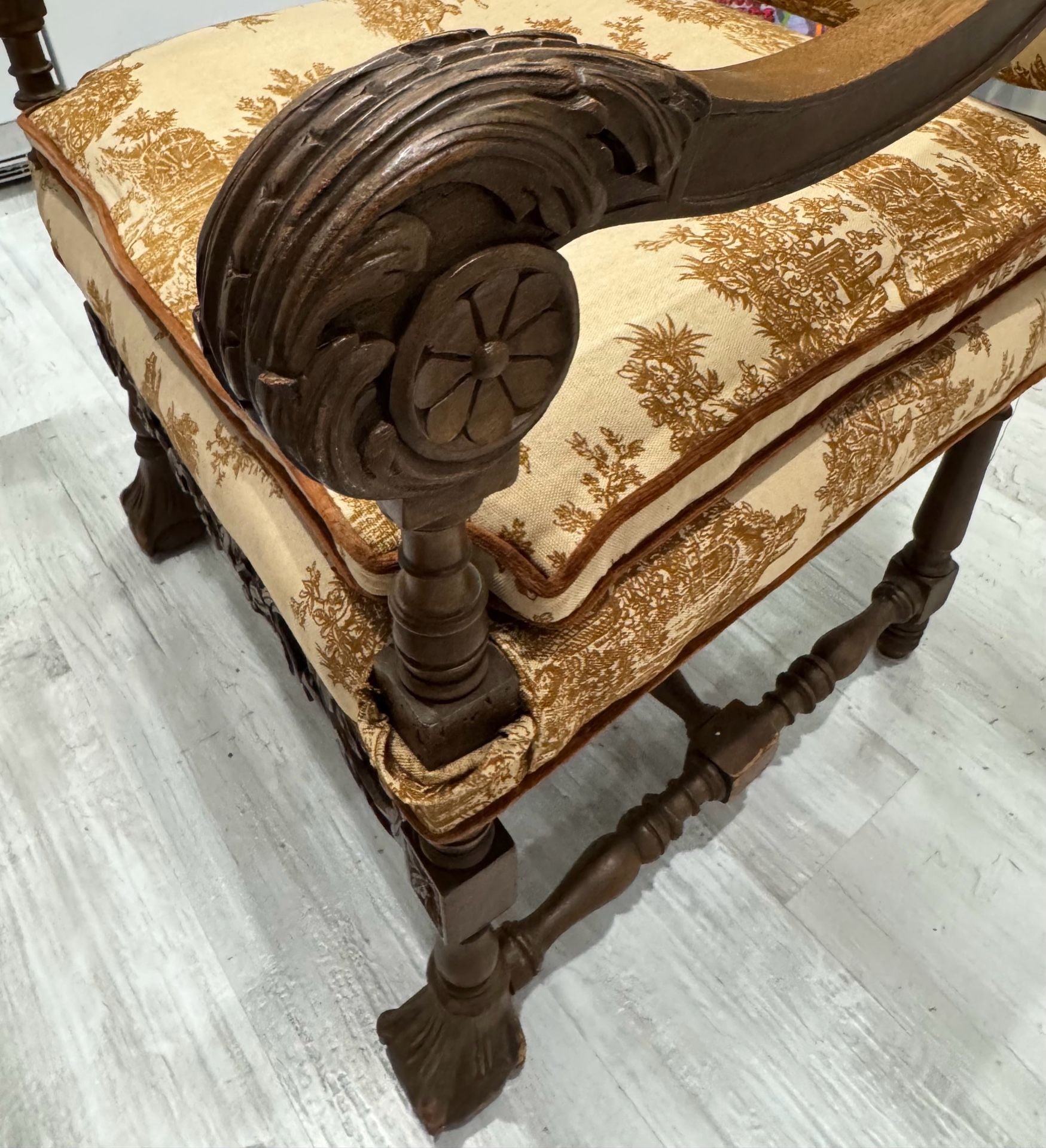 Antique French Louis Style Walnut Armchair with Toile Print Upholstery 7