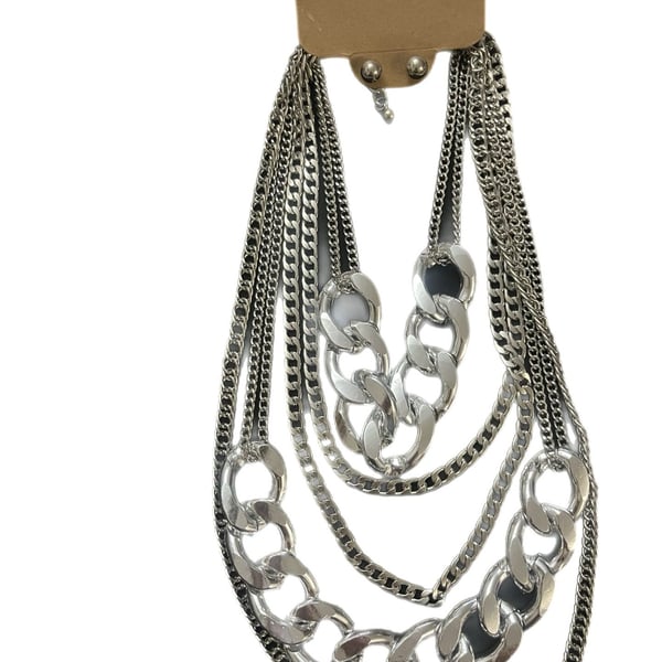 Unique Silver Tone Multi-Layer Chunky Chain Statement Necklace