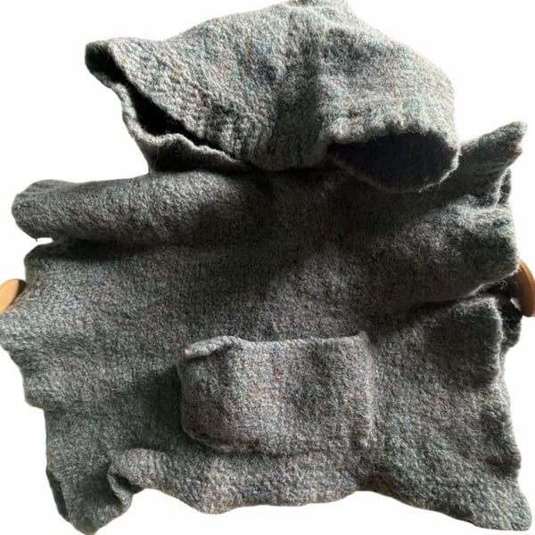 Baby Toddler Vintage Boiled Wool Gray Hooded Jacket with Wood Buttons