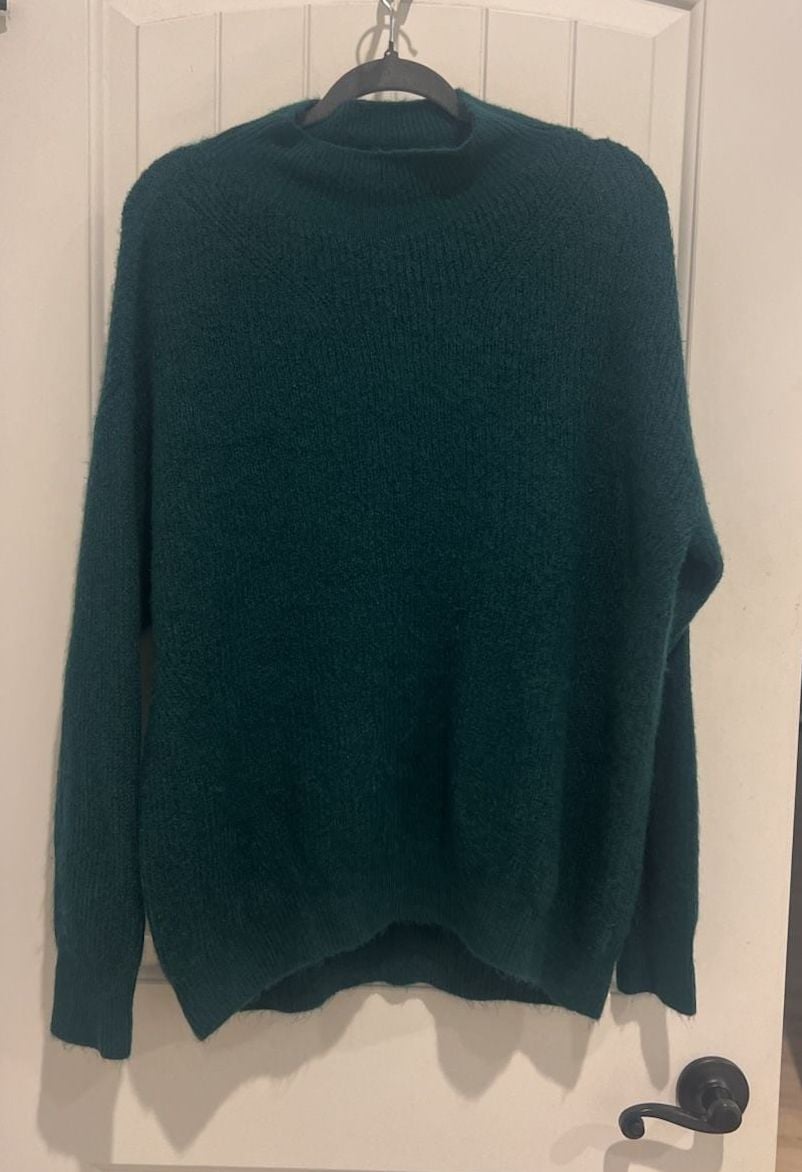 Express Dark Green Mock Neck Oversized Fuzzy Knit Sweater Medium 2