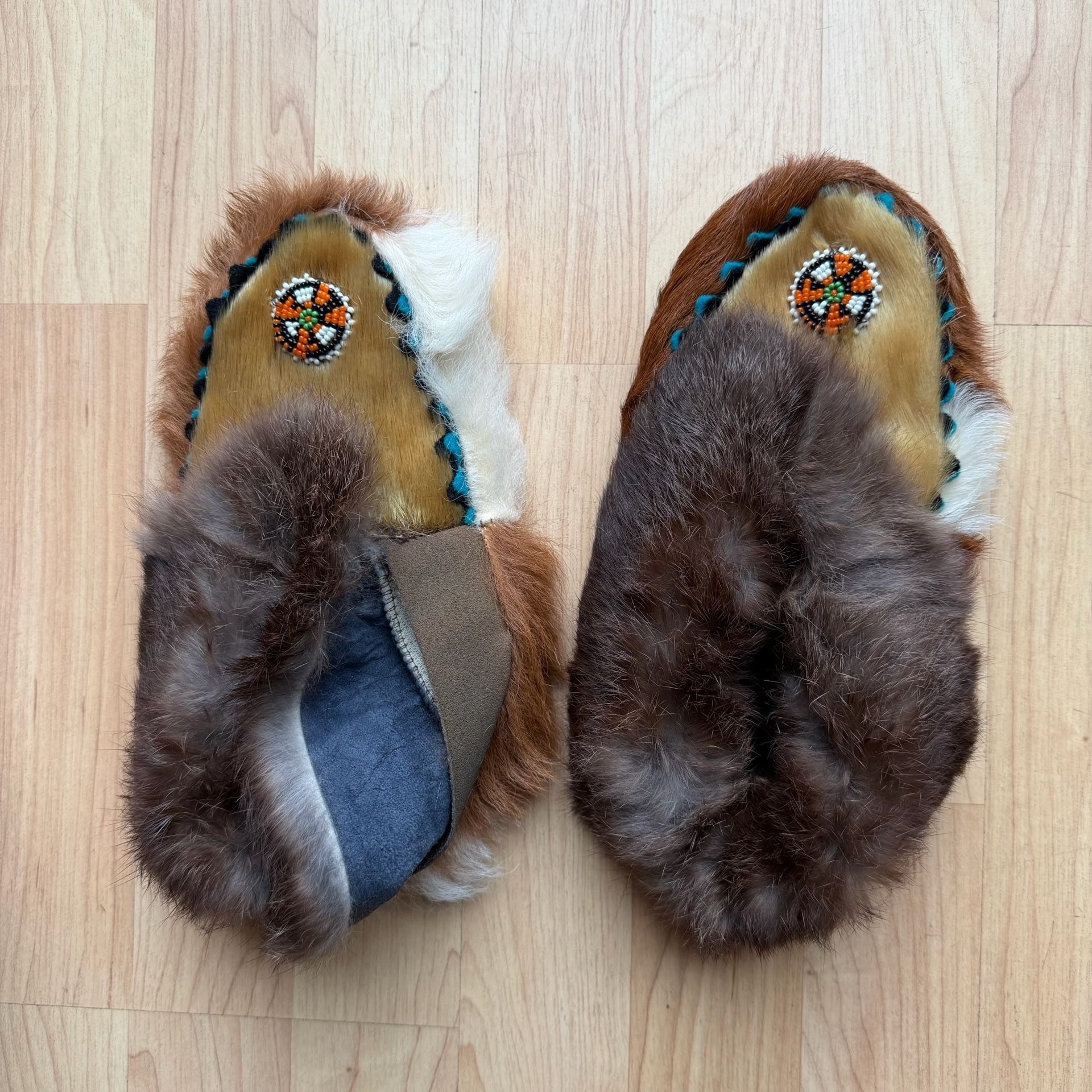 Vintage Native Handmade Fur Hair and Leather Moccasin Slippers 7- 7.5 7