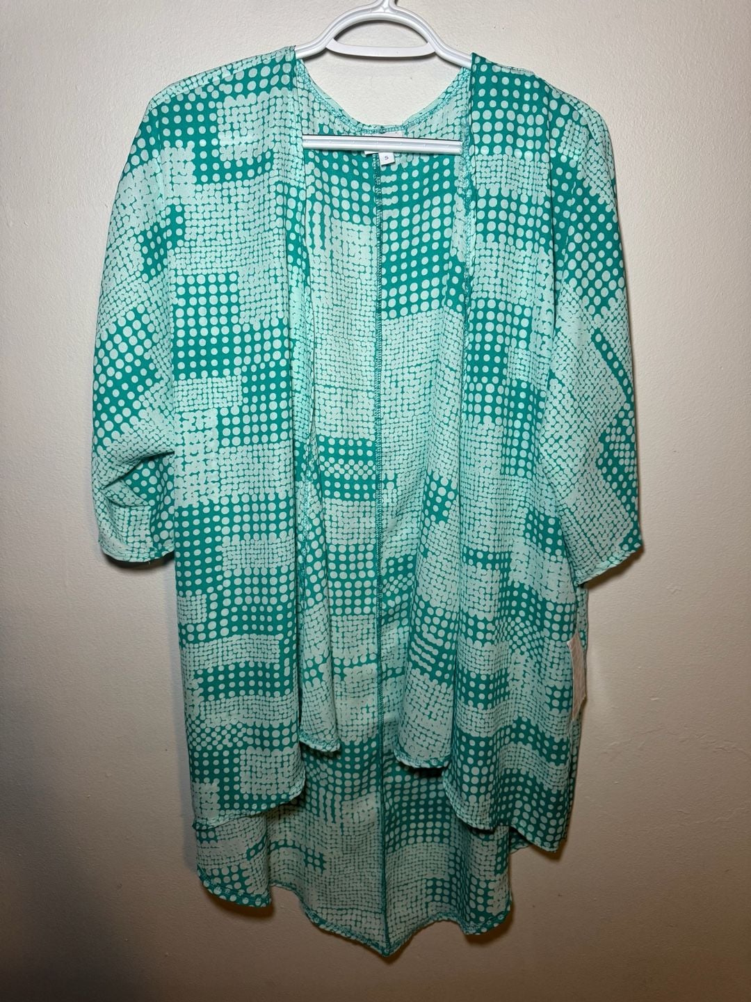 LuLaRoe Sarah Long Cardigan Sweater Jacket Sz S Cream Teal Geometric Pockets 2