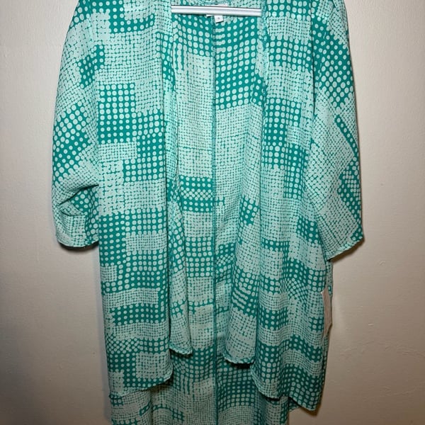 LuLaRoe Sarah Long Cardigan Sweater Jacket Sz S Cream Teal Geometric Pockets