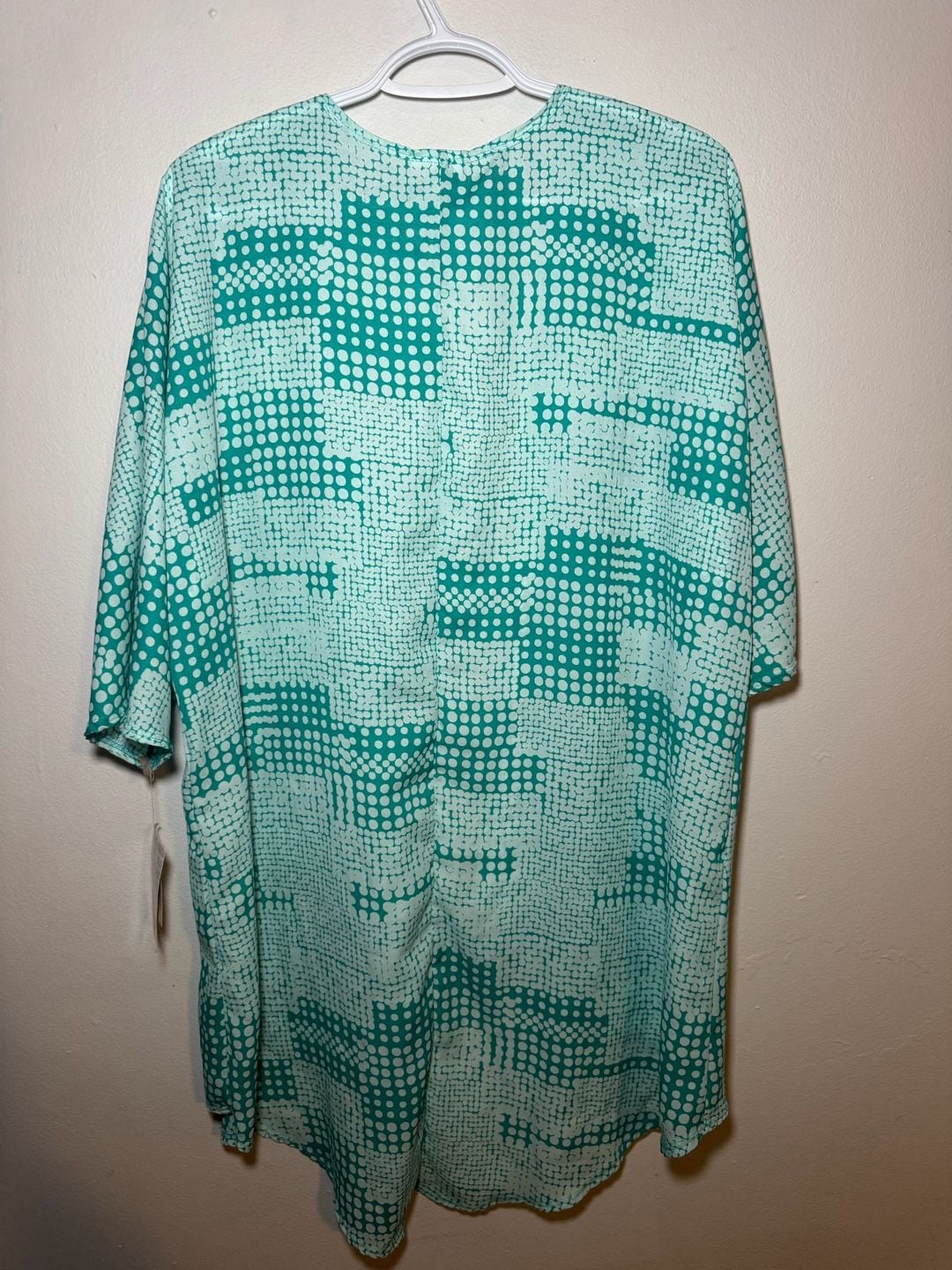 LuLaRoe Sarah Long Cardigan Sweater Jacket Sz S Cream Teal Geometric Pockets 3