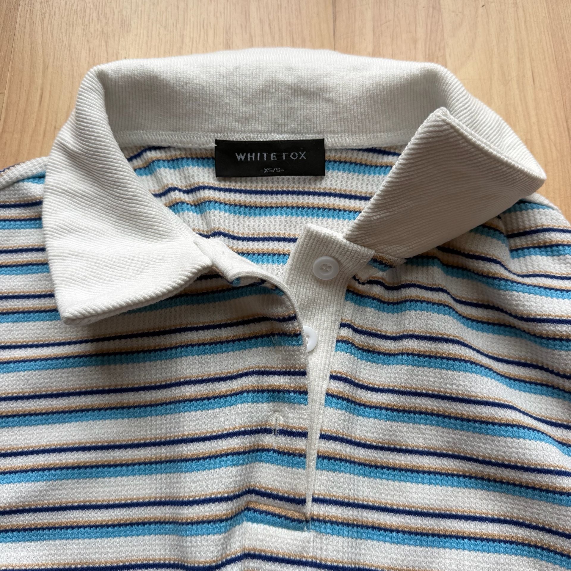 White Fox Blue White Striped Long Sleeve Polo Knit Rugby Top Slouchy Long sleeve 4