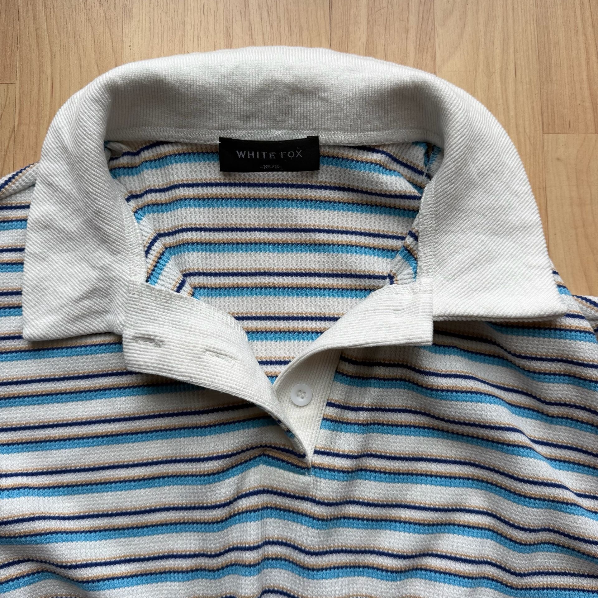 White Fox Blue White Striped Long Sleeve Polo Knit Rugby Top Slouchy Long sleeve 6