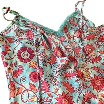 Delicates Women's Full Slip XL Satin Floral Blue Lace Trim Adjustable Straps 10