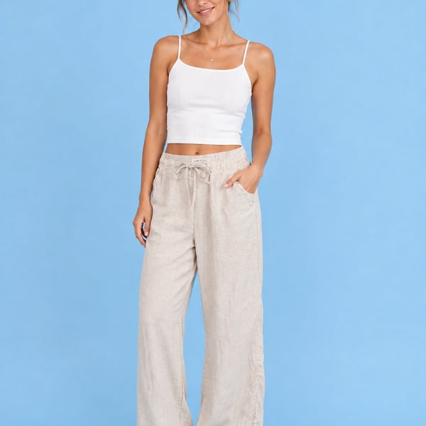 Cloth & Stone Anthropologie 100% Linen Drawstring Wide-Leg Pants