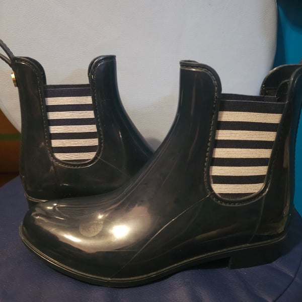 London Fog Women's Typhoon Double-Gore Ankle Rain Boot Size 6 Black Striped