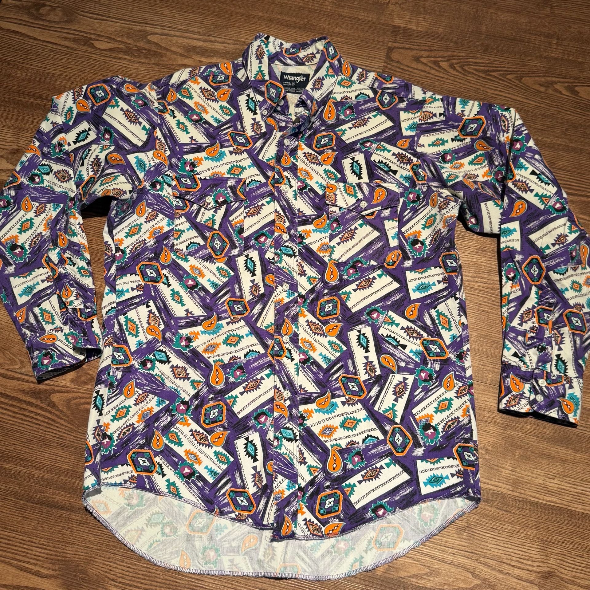 Vintage Wrangler Cowboy Cut XL Tall Western Aztec Geometric Pearl Snap Shirt 16½ 35 3