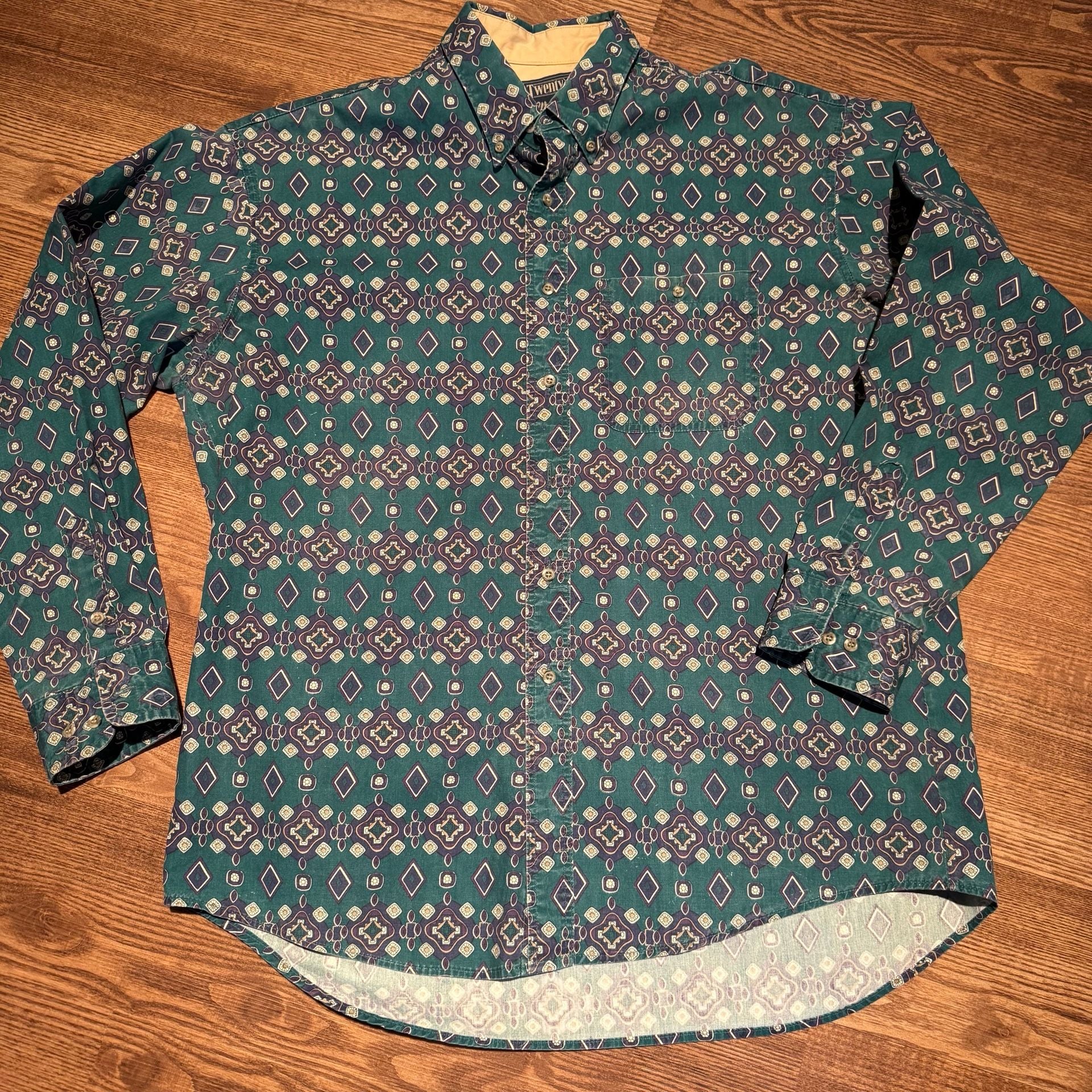 Vintage Wrangler Twenty X Mens Western Shirt Teal Geometric Cowboy Button Up XL 3